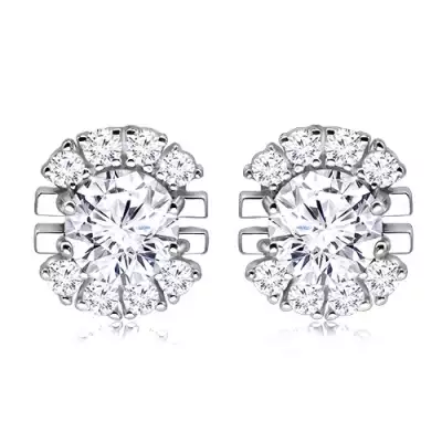 925 ezüst fülbevaló ródium bevonattal  – virág motívum aszimmetrikus szirmokkal, kerek cirkónia