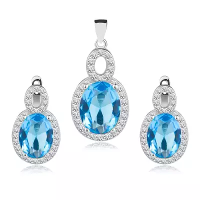 925 ezüst szett, medál és fülbevaló, ovális cirkónia akvamarin színben