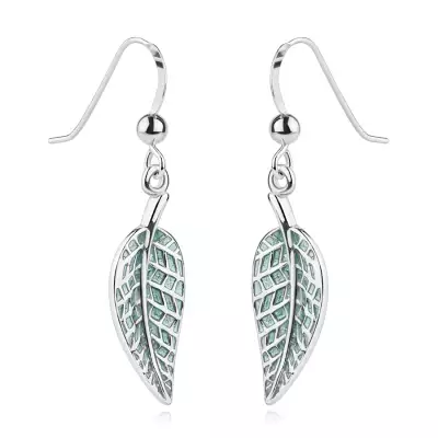 925 ezüst fülbevaló - zöld levelek fényes erekkel, afrikai akasztóval