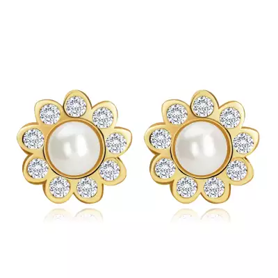 9K sárga arany fülbevaló - szirmok átlátszó cirkóniákkal, tenyésztett gyönggyel,stekkerzár