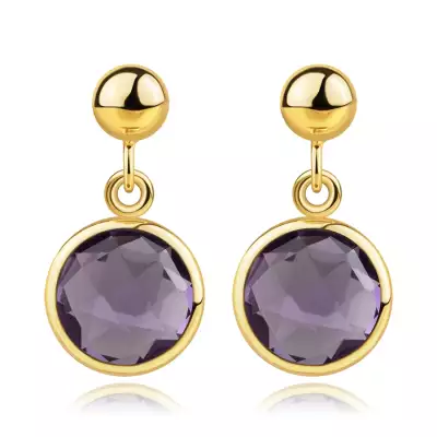 14K sárga arany fülbevaló - golyó, ametiszt sima szegéllyel, stekkerzárral