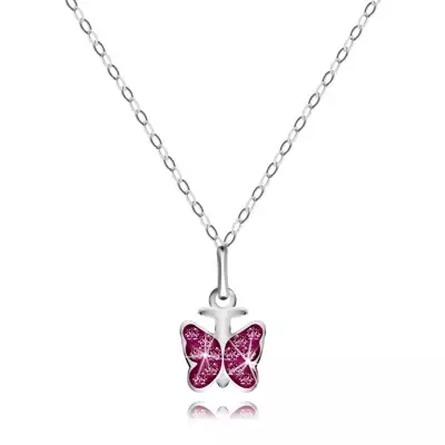 925 ezüst nyaklánc – fényes lánc, pillangó, kerek rózsaszín cirkóniák