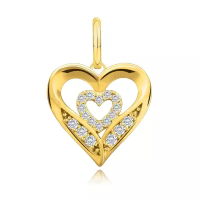9K sárga arany medál - két szív körvonala, kerek cirkónia