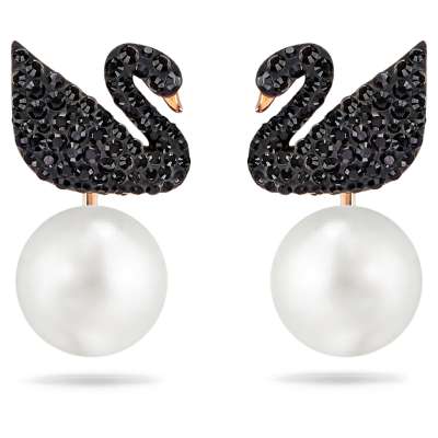 Swarovski ikonikus hattyú bedugós fülbevaló-függesztő, fekete, rozéarany árnyalatú bevonattal