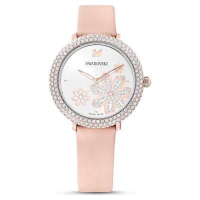 Swarovski Crystal Frost karóra, bőrszíj, rózsaszín, rozéarany árnyalatú PVD