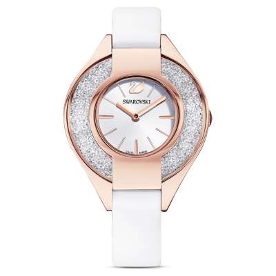Swarovski Crystalline Sporty karóra, bőrszíj, fehér, rozéarany árnyalatú PVD