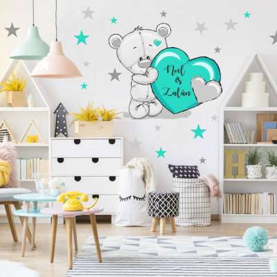 Gyerekszoba falmatrica - Türkiz, szürke maci csillagokkal