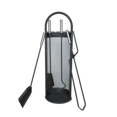 Modern kialakítású 5 részes kandalló kiegészítő készlet, acél tartóállvánnyal, fekete