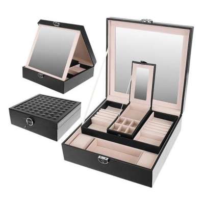 Exclusive megjelenésű ékszertároló doboz, 16 rekeszes, 2 szintes, dupla tükörrel, zárható, fekete színben