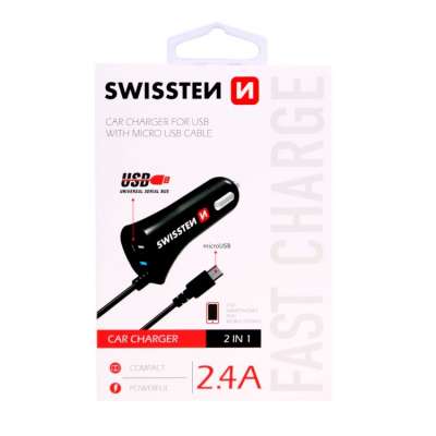 Autós töltő Swissten 2.4A beépített Micro-USB kábellel és USB konnektorral