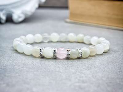 Termékenység segítő rózsakvarc és holdkő ásvány karkötő