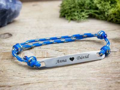 Szeretet egyedi lapbetétes kék mintás microcord karkötő