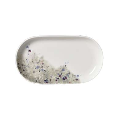 Rusztikus kék virágmintás ovális kerámia tálaló tányér