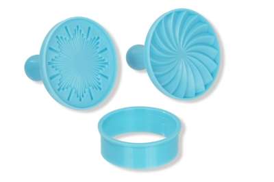 Sütipecsét szett kiszúróval, Műanyag – spirál és nap minta (3 db)