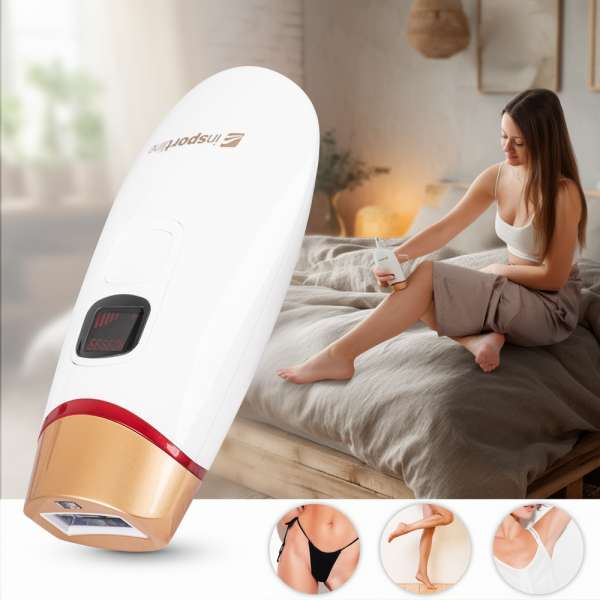 IPL epilátor inSPORTline Eriva, kijelző,  bőrközelség-érzékelés, otthoni használat, védőszemüveg, borotva, ergonomikus kialakítás