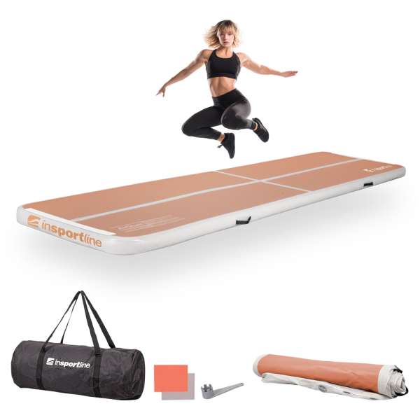 Airtrack tornaszőnyeg inSPORTline Airstunt 400x100x10 cm mocha mousse, PVC, Drop Stitch technológia, megerősített varrás, javítókészlet, hordozótáska