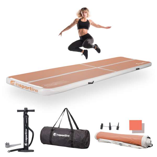 Airtrack tornaszőnyeg inSPORTline Airstunt 400x100x10 cm mocha mousse kézi pumpával, PVC anyag, Drop Stitch technológia, rugalmas anyag