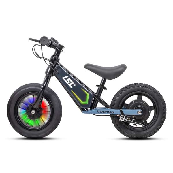 Elektromos futóbicikli inSPORTline ISL Voltino, hátsó dobfék, 180 W-os kefe nélküli motor, szivárványos világítás,  6, 10 és 15 km/h. fekete