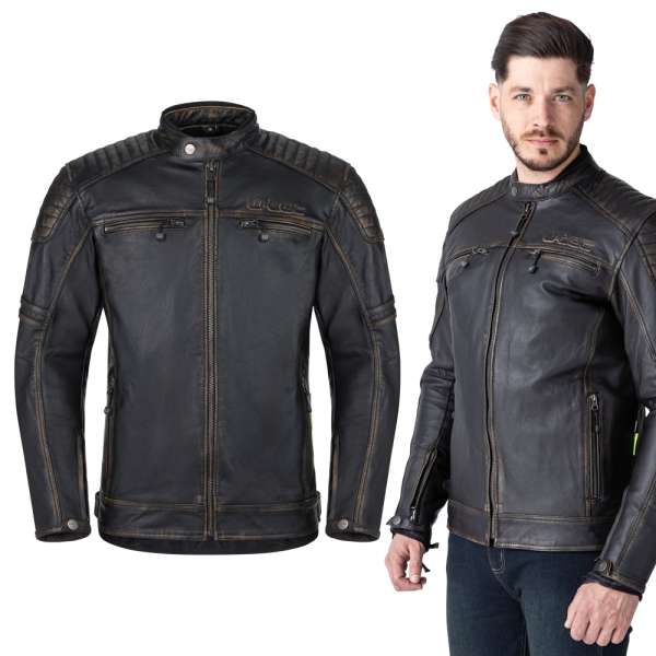 Bőr motoros kabát W-TEC Mungelli EVO, kivehető CE-védők, koptatott vintage stílus, steppelt panelek, puha kecskebőr vintage fekete-barna 