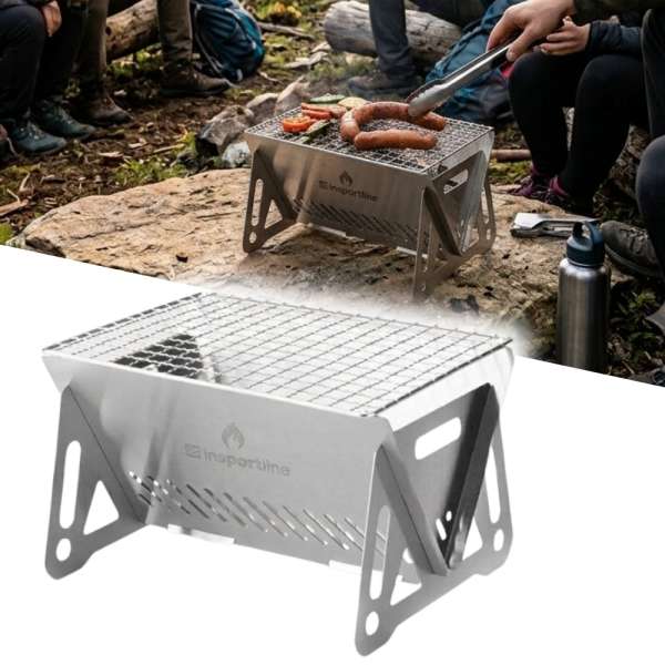 Hordozható összecsukható grill inSPORTline Cardbeq, magas hőteljesítmény, rozsdamentes kivitel, könnyű karbantartás, tároló utazótáska