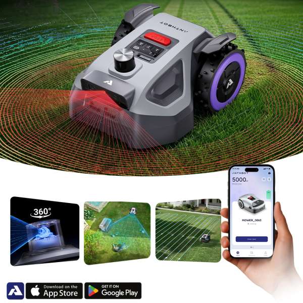 Robotfűnyíró Anthbot M5 LiDAR (500 m²), emelkedés észlelése, automatikus esőérzékelés, Dual Vision – vizuális navigáció, 360°-os LiDAR szkenner