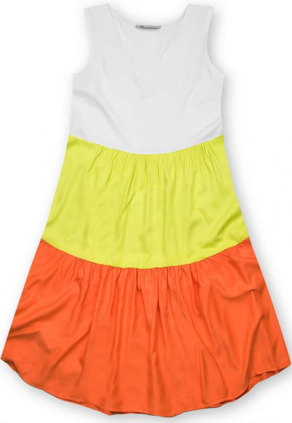 Fehér, borsózöld és narancs színű nyári viszkóz ruha
