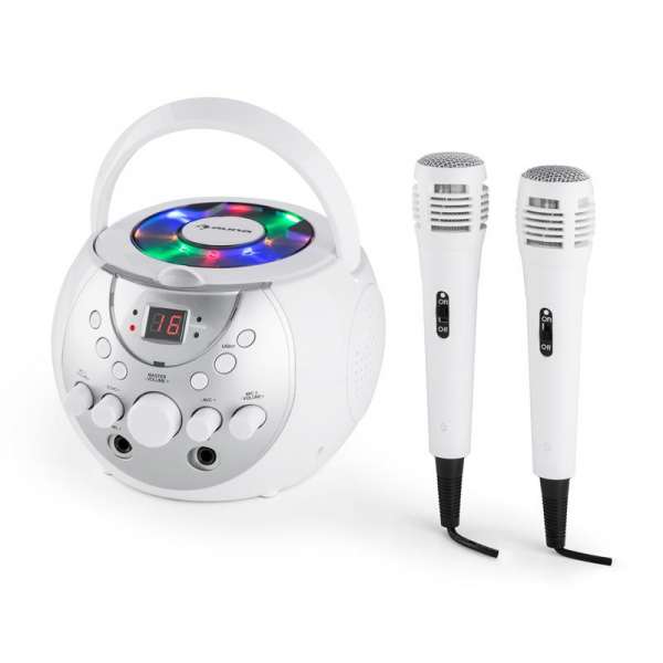 Auna SingSing, fehér, hordozható karaoke rendszer, LED, elemekkel üzemeltethető, 2 x mikrofon
