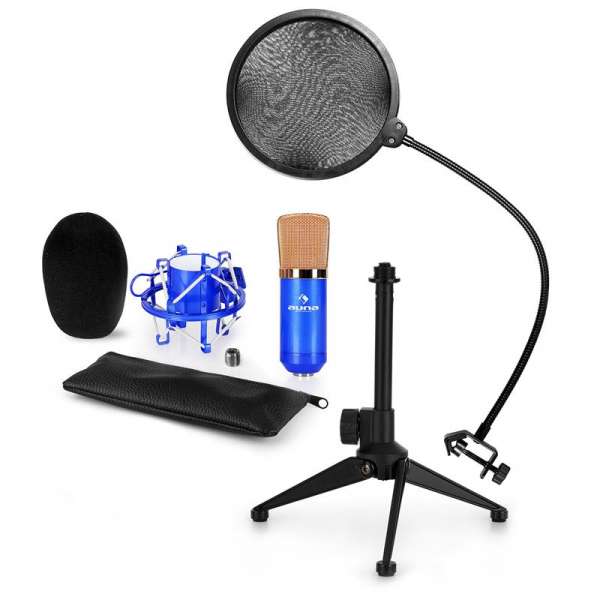 Auna auna CM001BG mikrofon készlet V2 - kondenzátoros mikrofon, mikrofon állvány, pop szűrő, kék