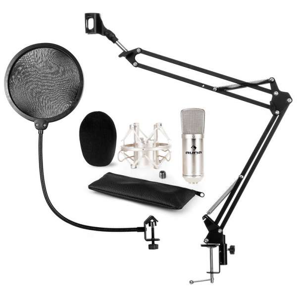 Auna auna CM001S mikrofon szett V4 kondenzátoros mikrofon, mikrofontartó kar, POP filter, ezüst