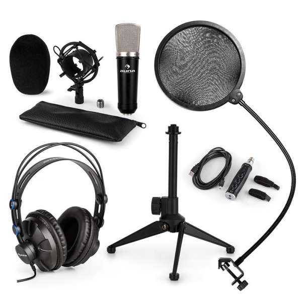 Auna auna CM003 mikrofon készlet V2, kondenzátoros mikrofon, USB-konverter, fülhallgató, mikrofon állvány