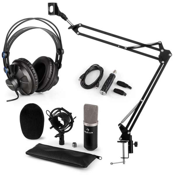 Auna auna CM003 mikrofon szett V3 kondenzátoros mikrofon, USB-konverter, fejhallgató, fekete