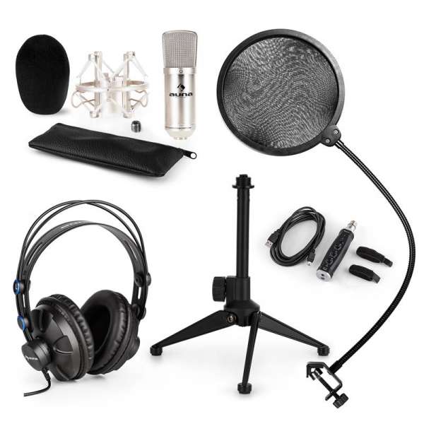 Auna auna CM001S V2 mikrofon szett, fejhallgató, kondenzátor mikrofon, USB adapter, állvány, pop filter, ezüst