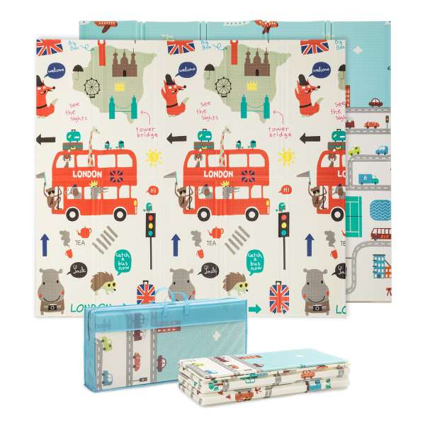 Babify Gyermek játszószőnyeg, 1 cm vastag, összecsukható, csúszásmentes, extra nagy, kétoldalas, vízálló, hordozható, kétoldalas, kisgyermekek és csecsemők számára (180 x 200 x 1,0 cm), többszínű