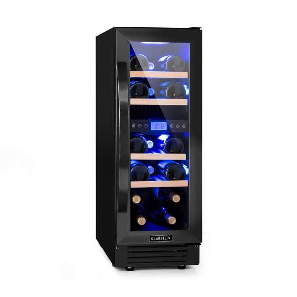 Klarstein Vinovilla 17 Built-in Duo Onyx Edition, kétzónás borhűtő, 53 liter, 17 palack, 3 színű LED világítás, üvegajtó