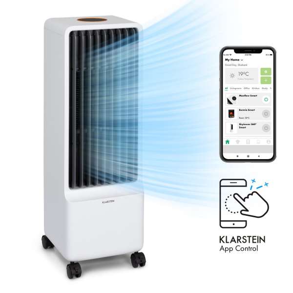Klarstein Maxflow Smart, 3 az 1-ben léghűtő, ventilátor, párásító, 5l, WiFi, távirányító, 2 x hűtőkészlet