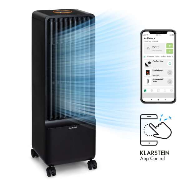 Klarstein Maxflow Smart, 3 az 1-ben léghűtő, ventilátor, párásító, 5l, WiFi, távirányító, 2 x hűtőkészlet