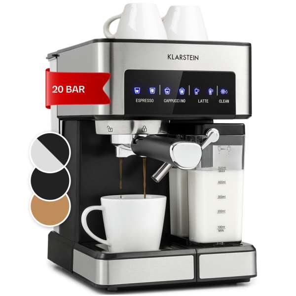 Klarstein Arabica Comfort, kávégép portaszűrővel, 1350 W, 20 bar, 1,8 l, érintőképernyő