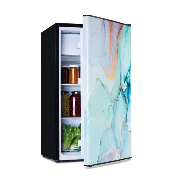 Klarstein CoolArt, kombinált hűtőszekrény, 79 liter, F energiahatékonysági osztály, 9 liter fagyasztó, formatervezett ajtó