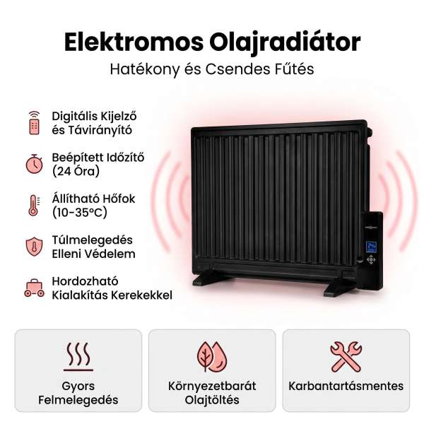 OneConcept Wallander, olajradiátor, 800 W, termosztát, olajfűtés, ultra lapos design, fekete