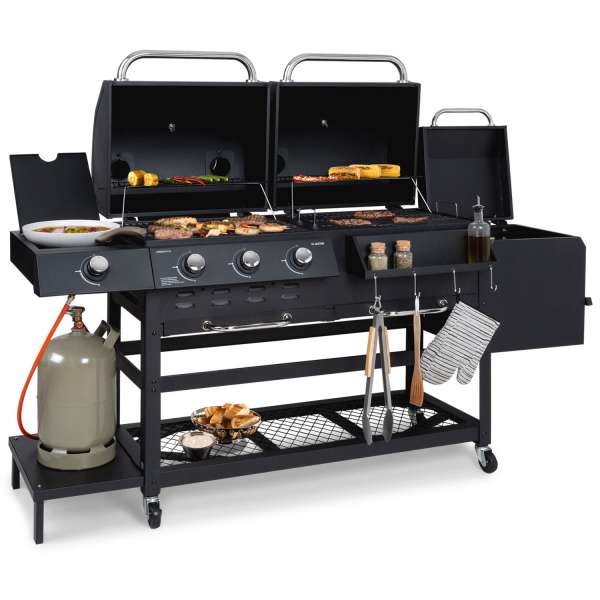 Klarstein Kingsville Smoker, kombinált grill, gáz, szén, szénfüstölő, 13,5 kW, 3+1 égő, fekete