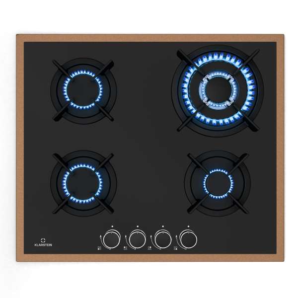 Klarstein Lumiflame gáz főzőlap, 4 égő, réz keret, elektromos gyújtás, 8 kW teljesítmény