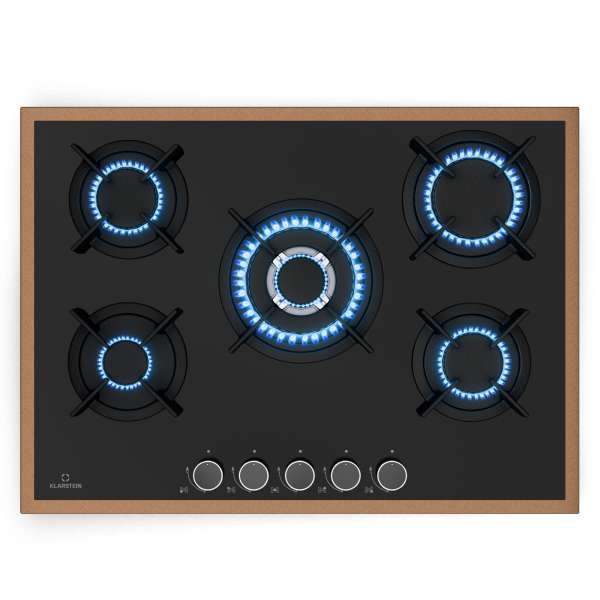 Klarstein Lumiflame gáz főzőlap, 5 égő, réz keret, elektromos gyújtás, 10,4 kW teljesítmény