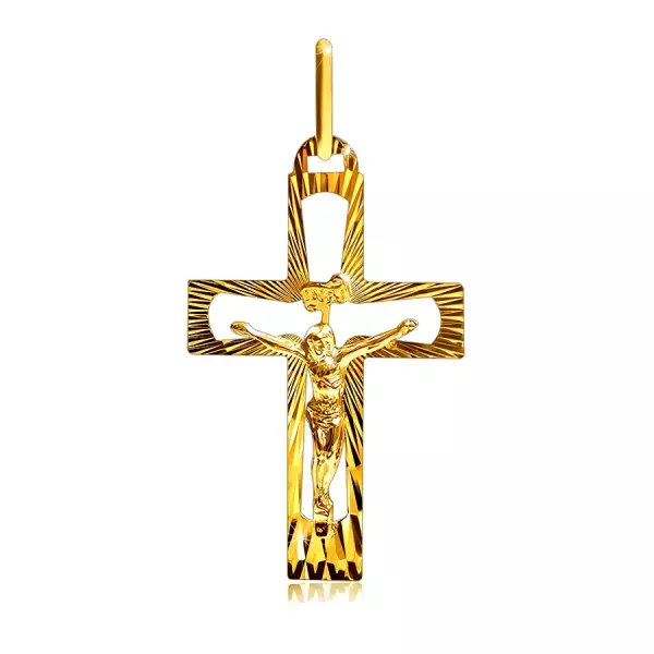 Arany medál - kivágott kereszt Krisztussal és fényes sugarakkal