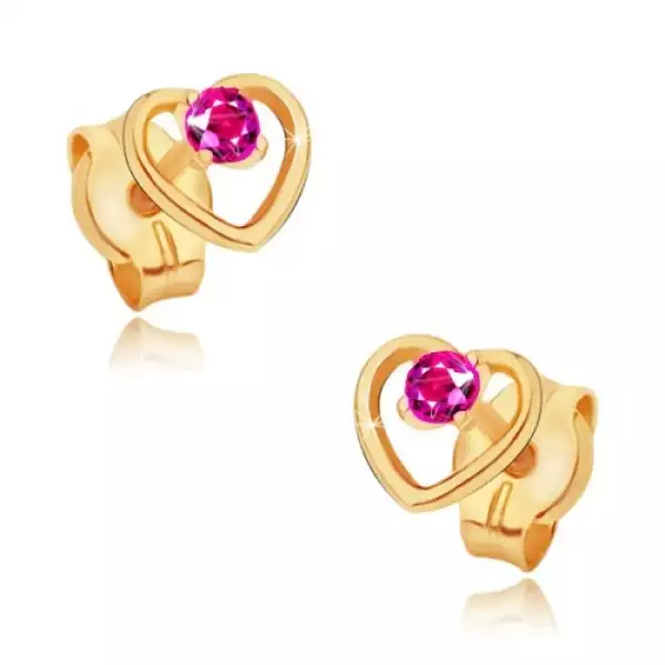 585 arany fülbevaló - szabályos szívkörvonal, kerek rózsaszín rubin