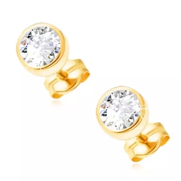 Beszúrós 585 arany fülbevaló - fényes kerek foglalat, átlátszó csillogó cirkónia, 5 mm