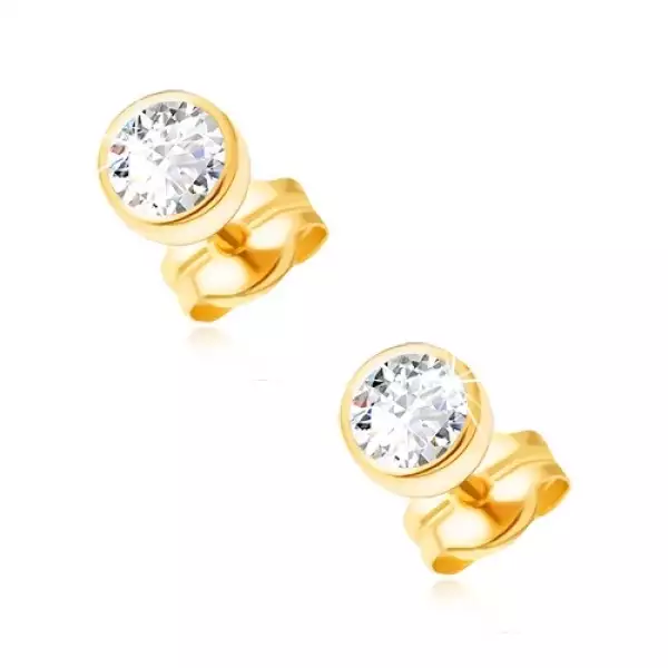 14K arany fülbevaló kerek átlátszó cirkóniával, sima foglalatban