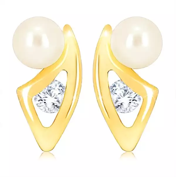 9K arany fülbevaló ívelt háromszög cirkóniával és fehér gyöngyökkel