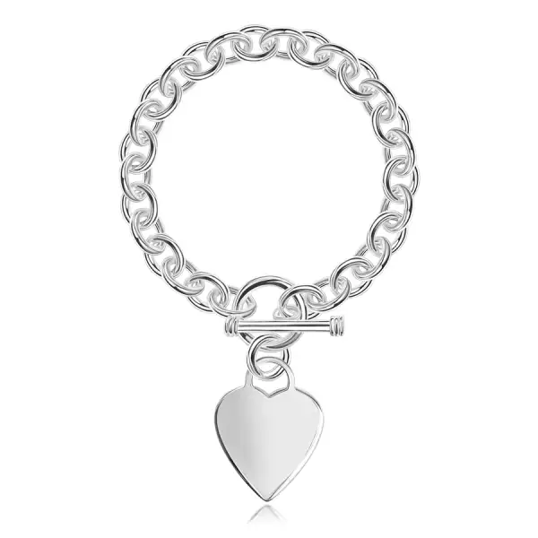 925 ezüst karkötő, ovális láncszemek, lapos és fényes szív