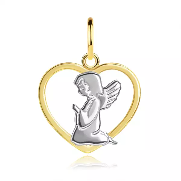 Kétszínű medál 9K aranyból - angyal ima közben, szív körvonal