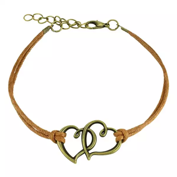 Barna zsinóros karkötő, két kontúr egyenetlen szívekből bronz színben